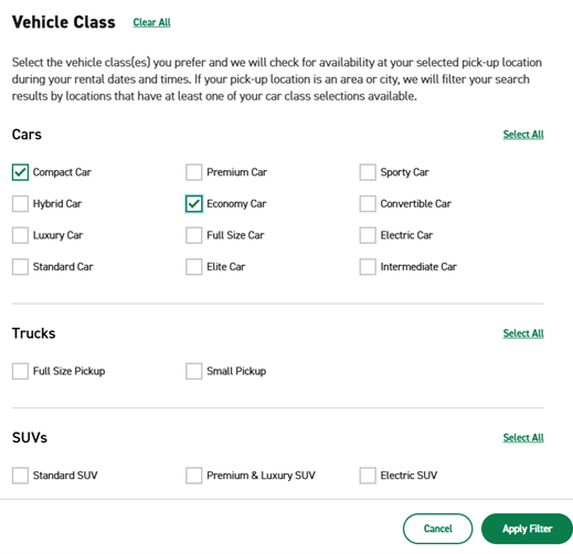 Screenshot of selection process for vehicle class